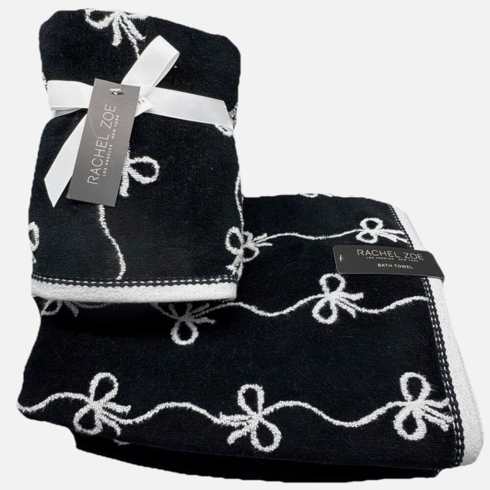 4pc Rachel Zoe Black White Trailing Ribbon Bows 2 Bath 2 Hand Towel Set NEW